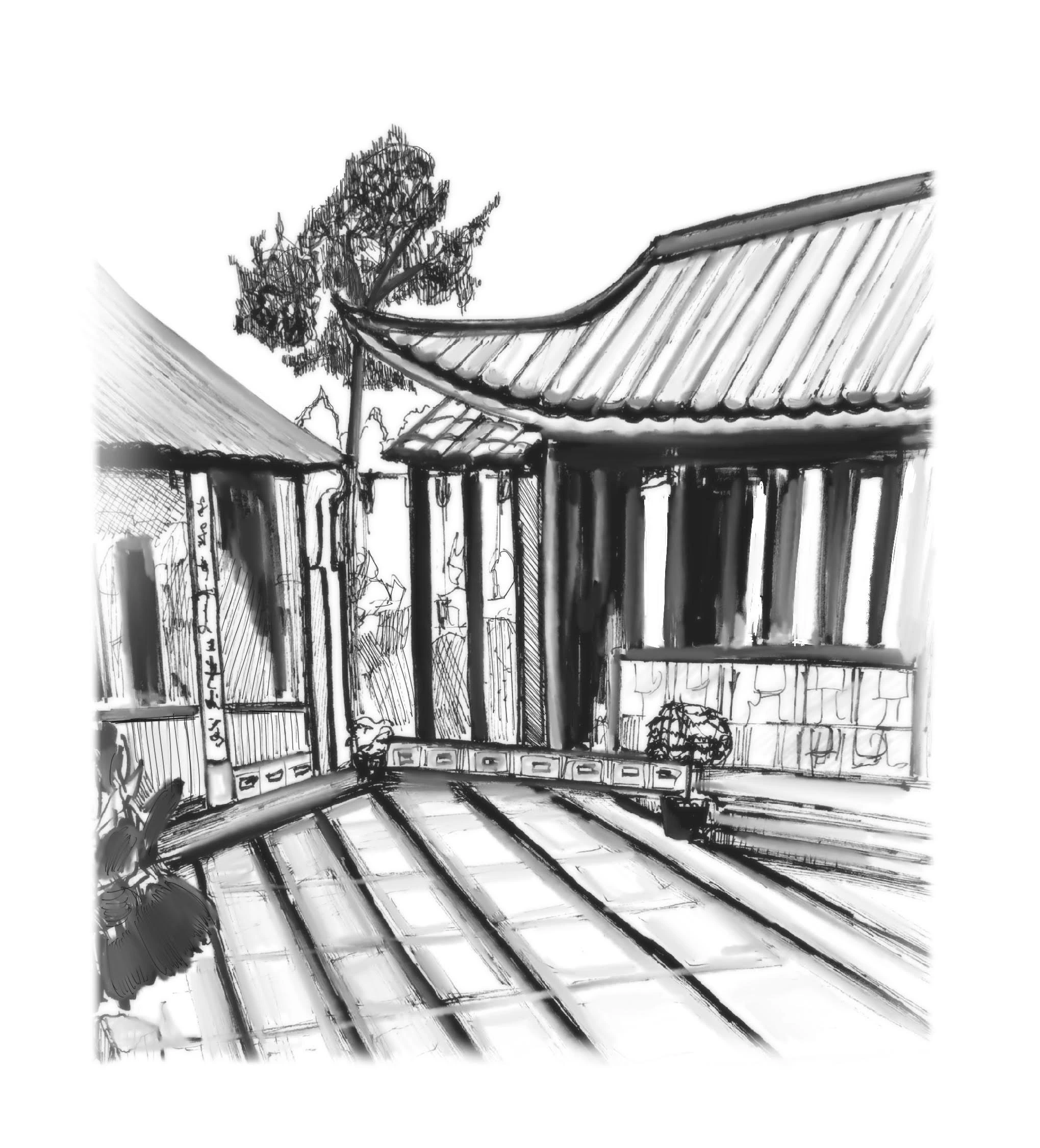 Black and white sketch of Japanese garden at Huntington Library.