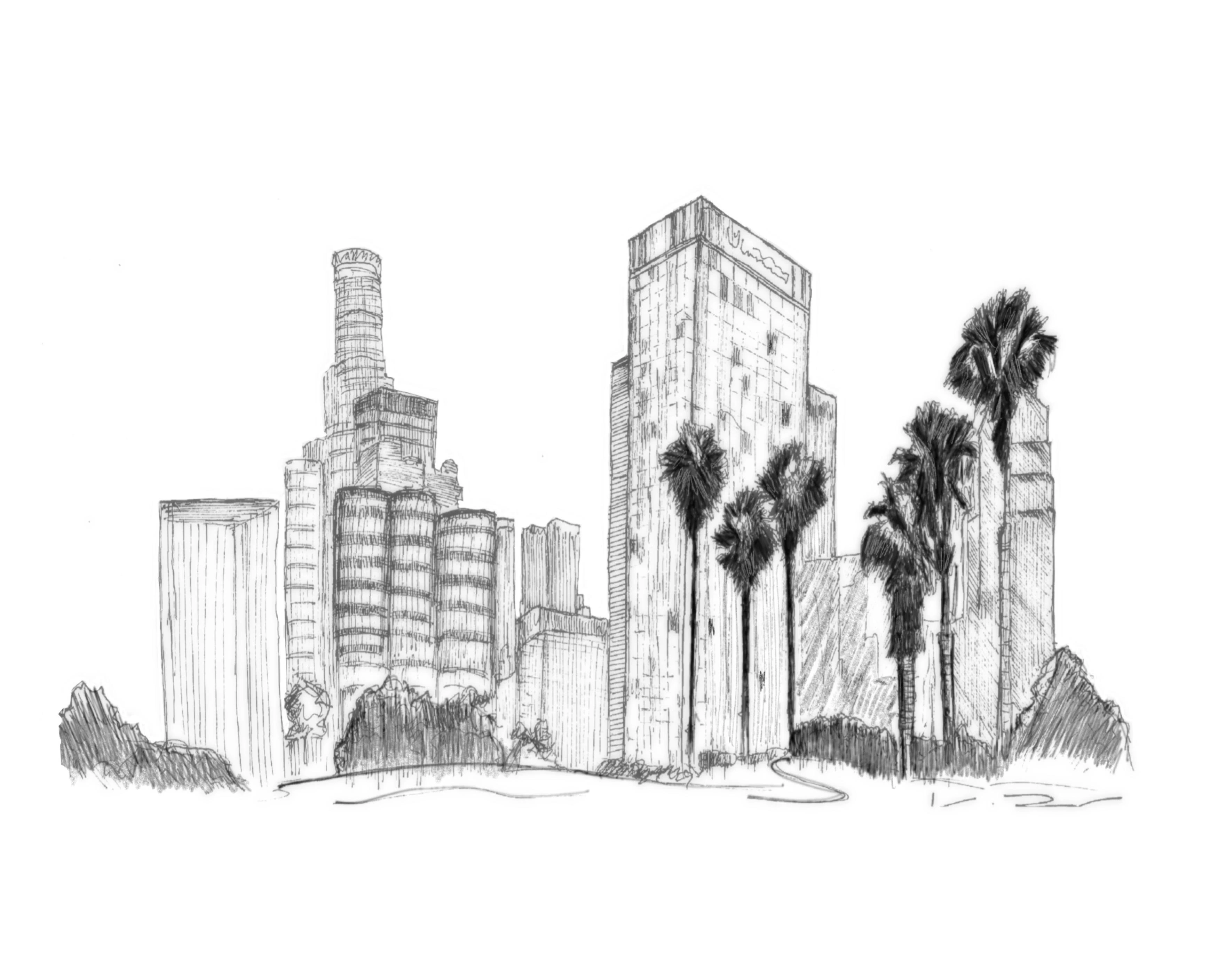 Black and white sketch of Los Angeles downtown.