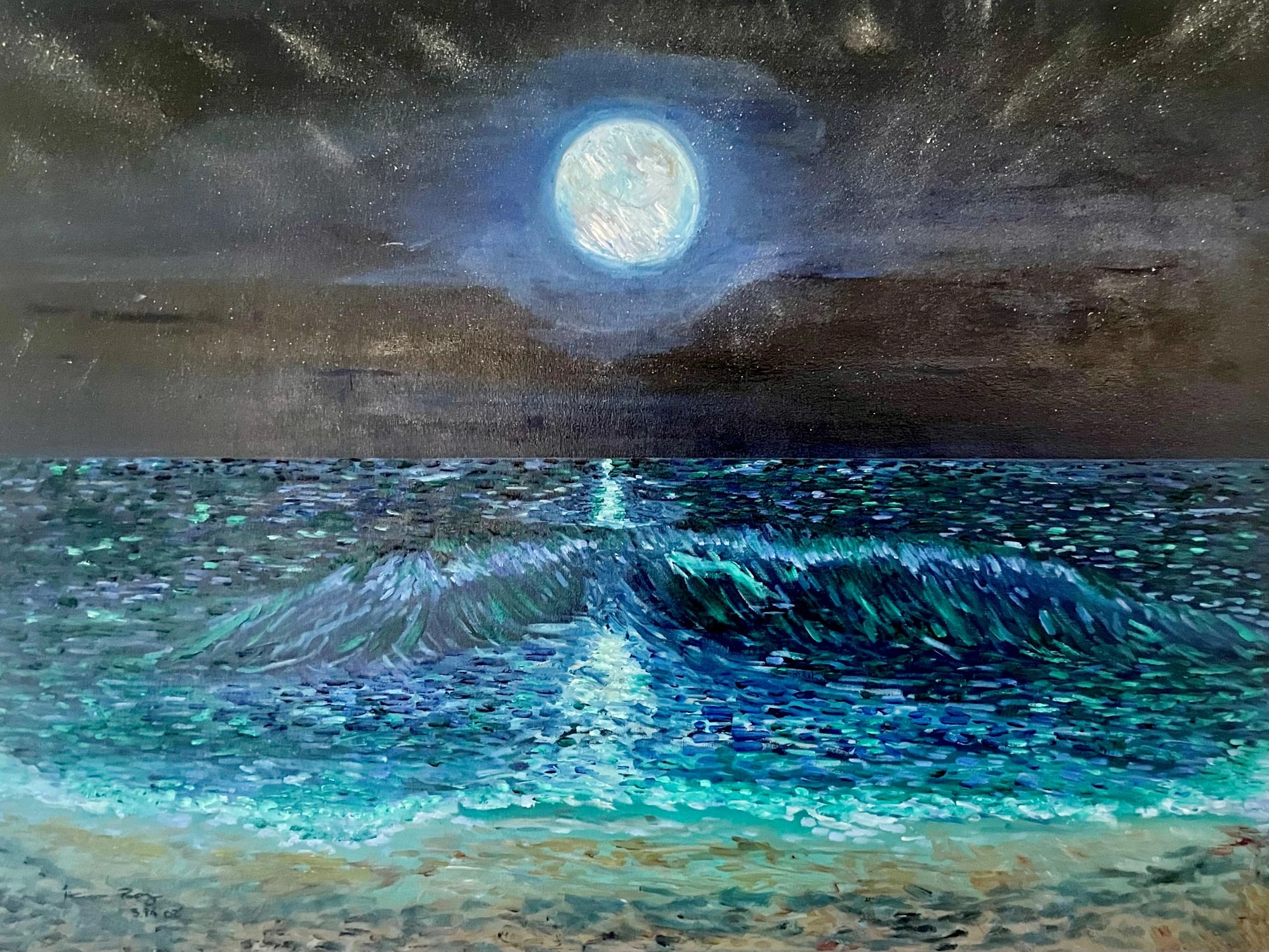 moonlight over water, oil painting