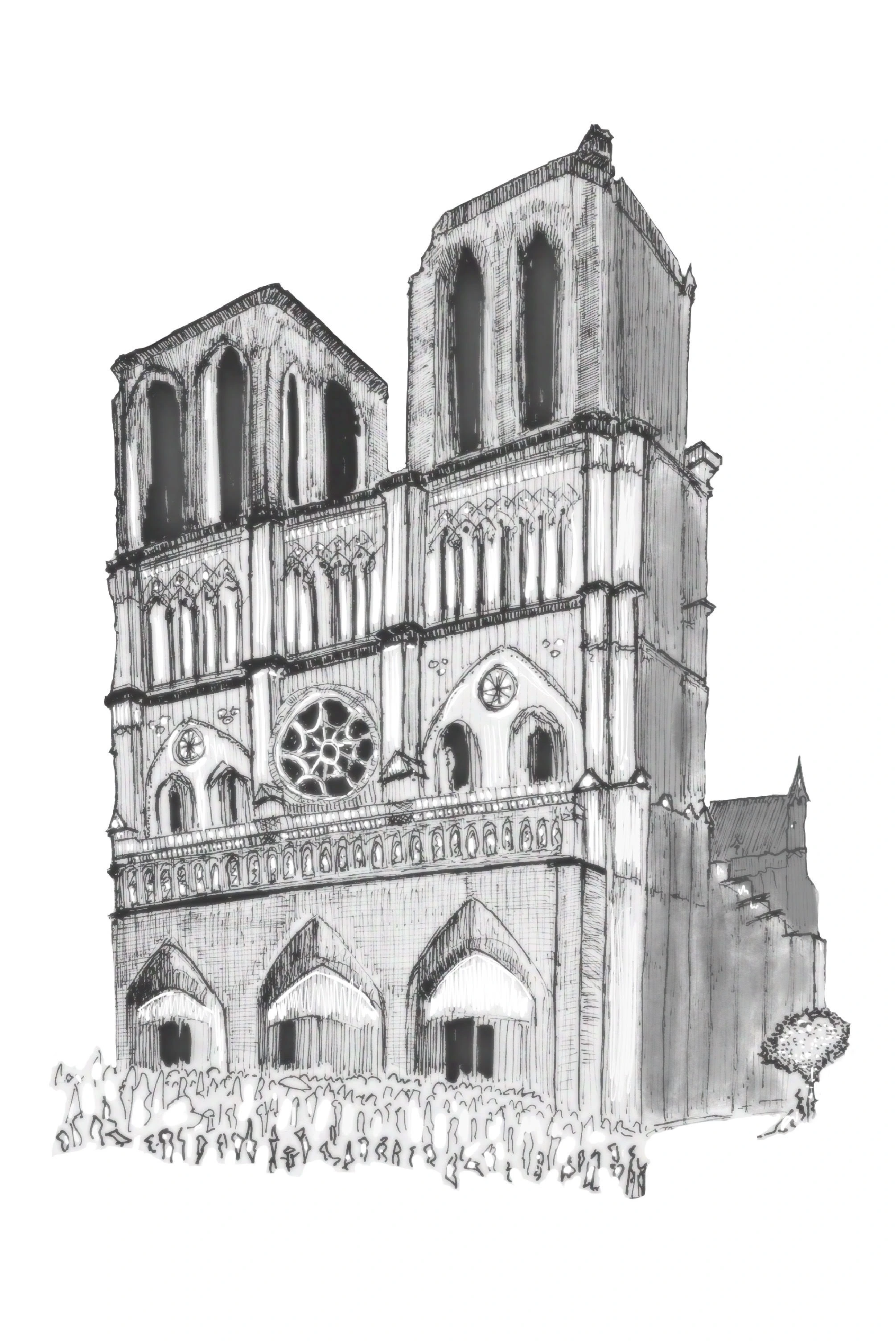 Black and white sketch of the Notre Dame Cathedral.