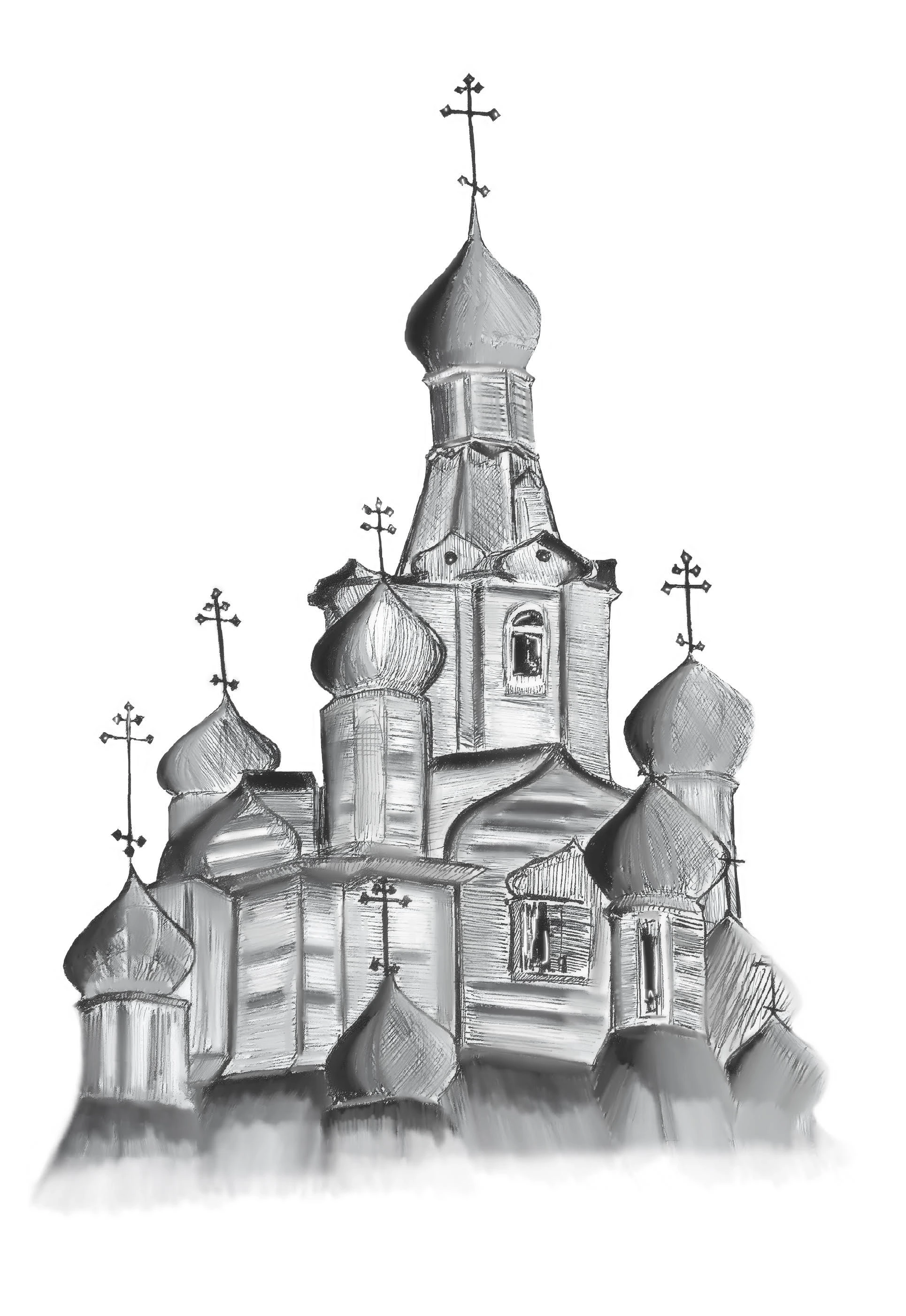 Black and white sketch of an Orthodox church in Russia.