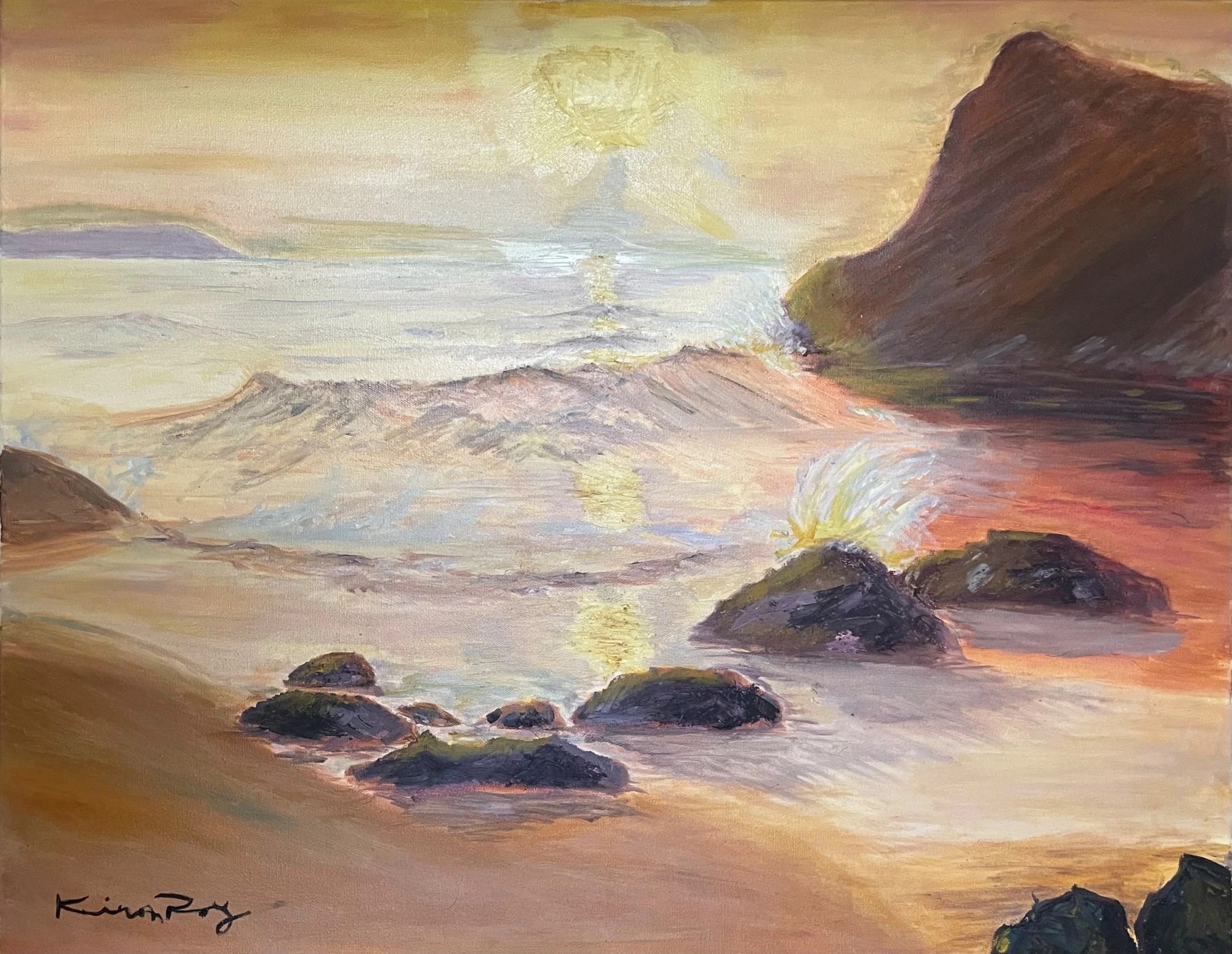 sunset over water, oil painting