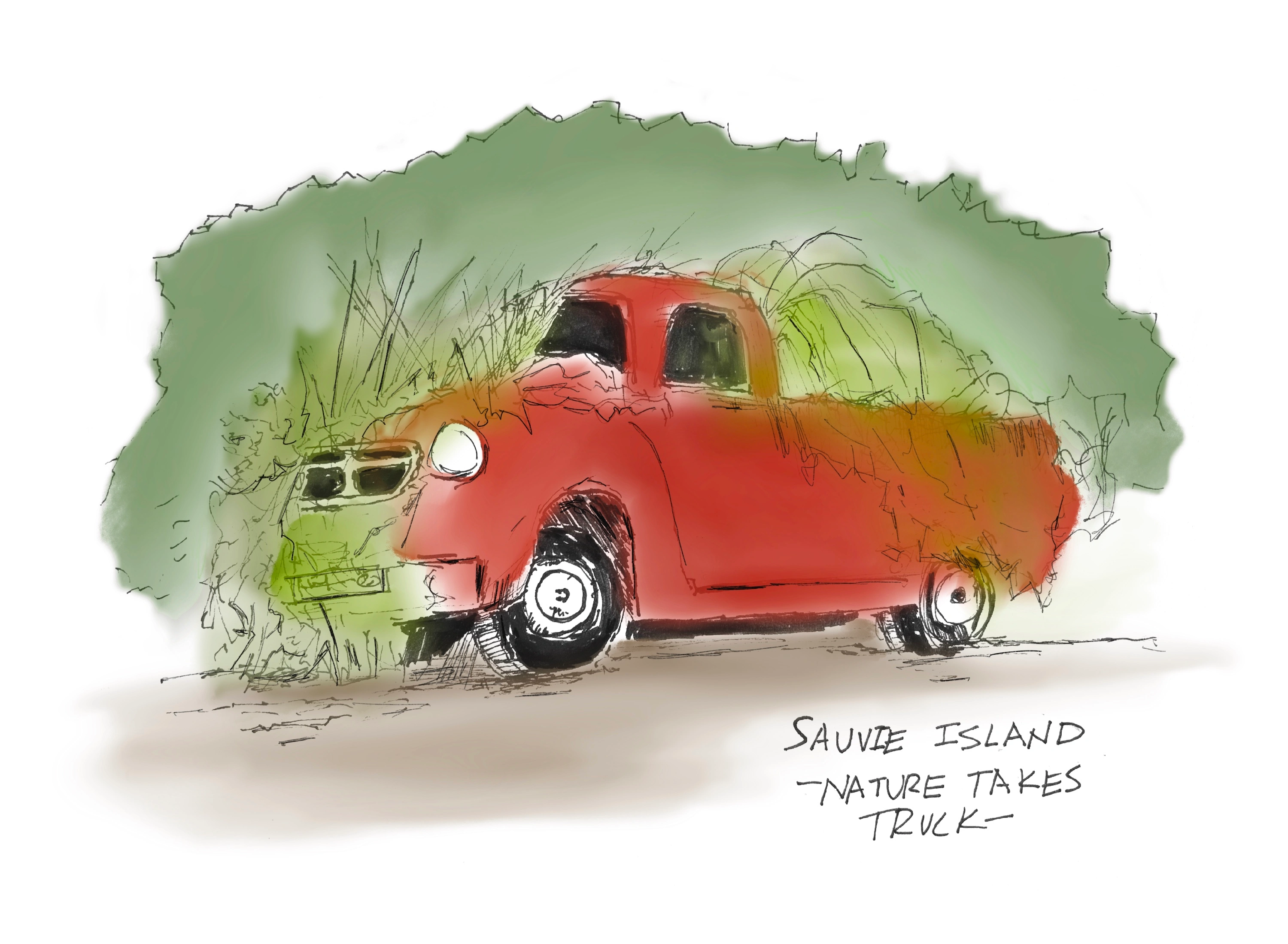 Sauvie Island, plant takes red pickup truck.