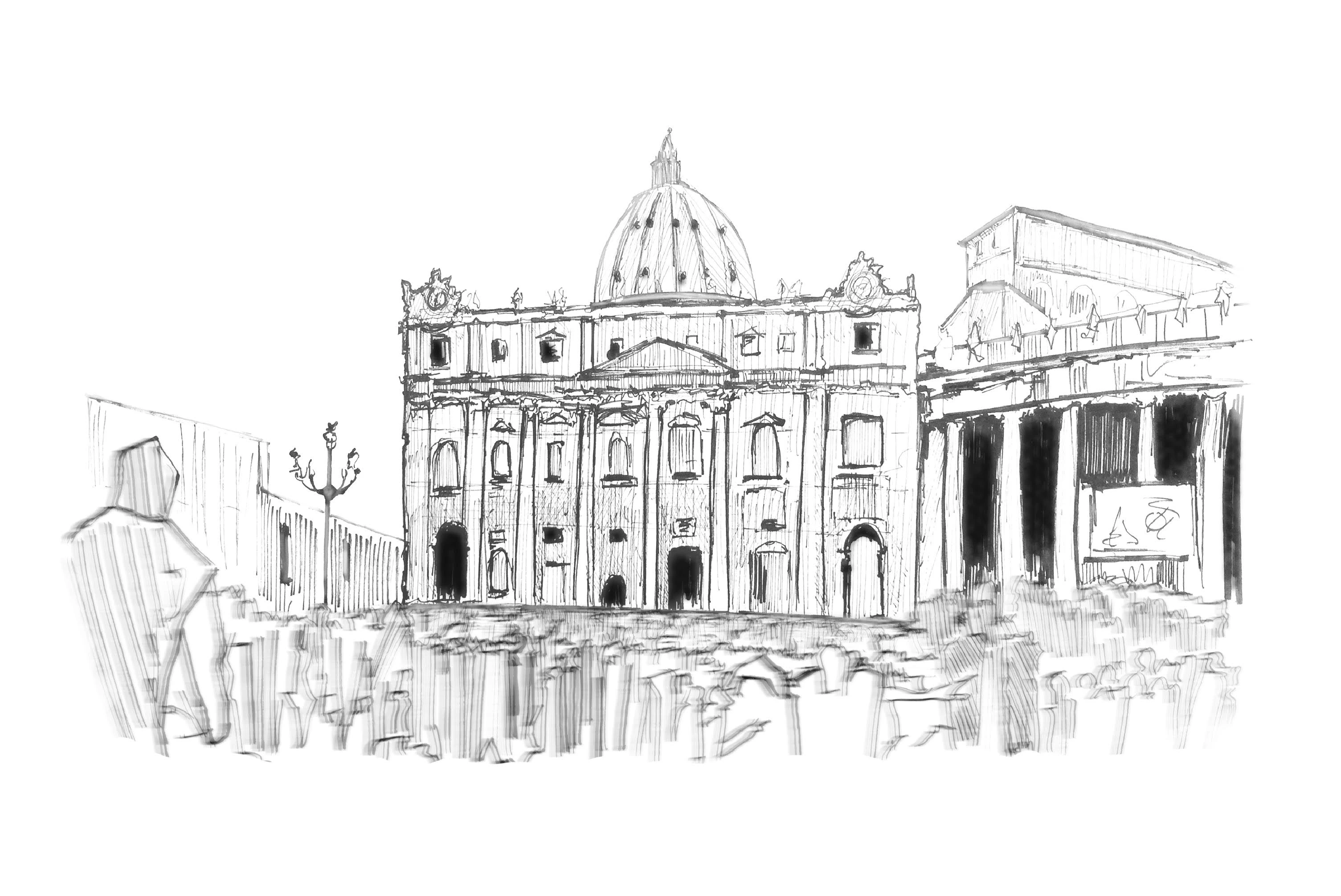 Black and white sketch of the Vatican.