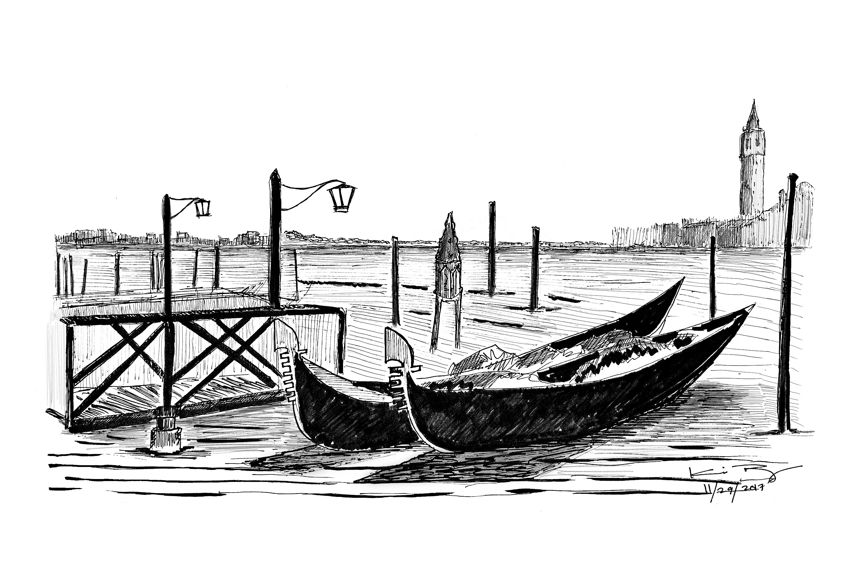 Black and white sketch of Venice, Italy.